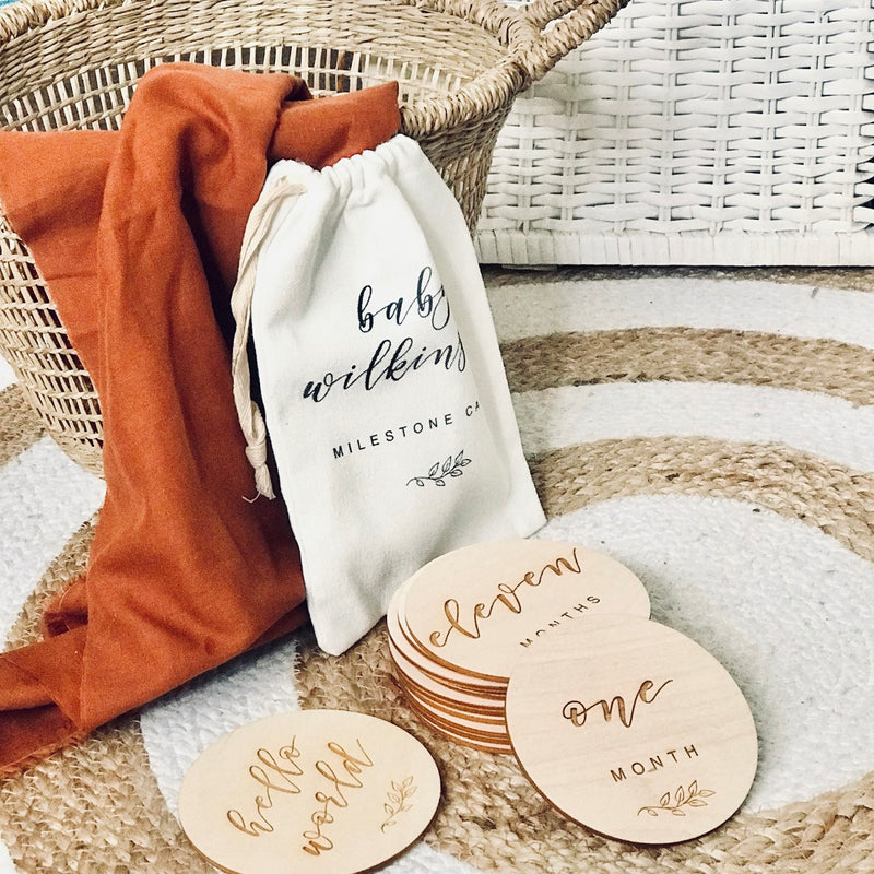 Personalised Engraved Milestone Cards and Print Calico Bag