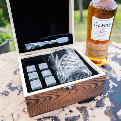 Custom Engraved Rustic Wooden Gift Boxed Scotch Glass and Whiskey Stone Set Birthday Present