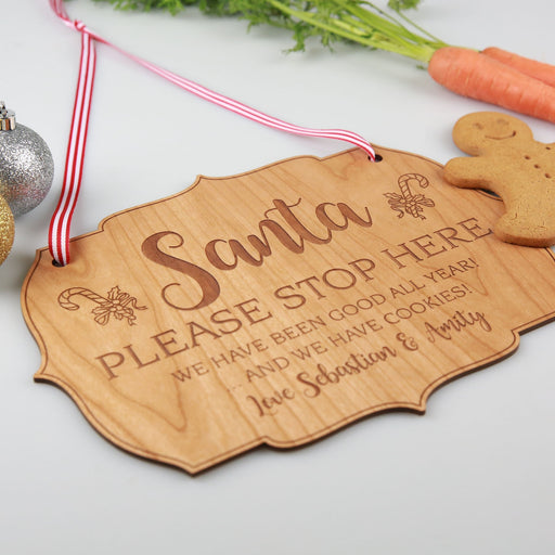 Customised Engraved Wooden Santa Please Stop Here Sign Christmas Present