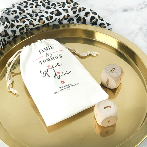 Personalised Engraved wooden dice and printed calico bag game to spice up the bedroom