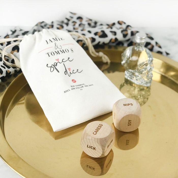Customised Spicy Date Night Dice Game and personalised calico bag