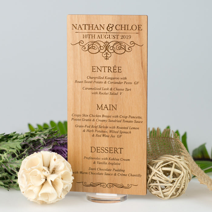 Personalised Engraved Wooden Wedding Reception Menu with stand