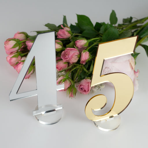 Laser Cut Mirror Silver and Mirror Gold Acrylic Table Numbers with Stand