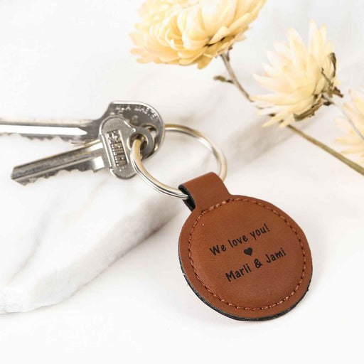 Custom Artwork Engraved Mother's Day Round Brown Leatherette Keyring Gift