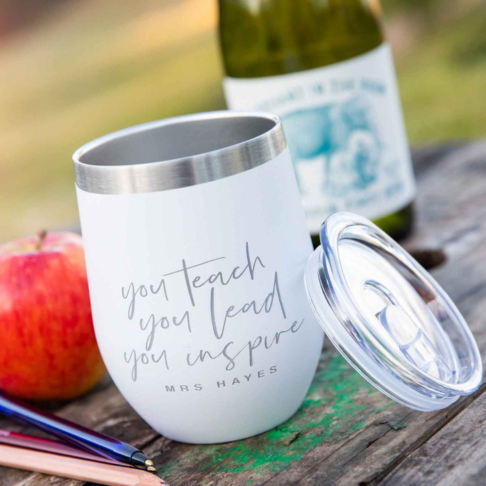 Personalised Engraved Coffee Keep Cup Wine Sipper Silver Rim Teacher's Gift