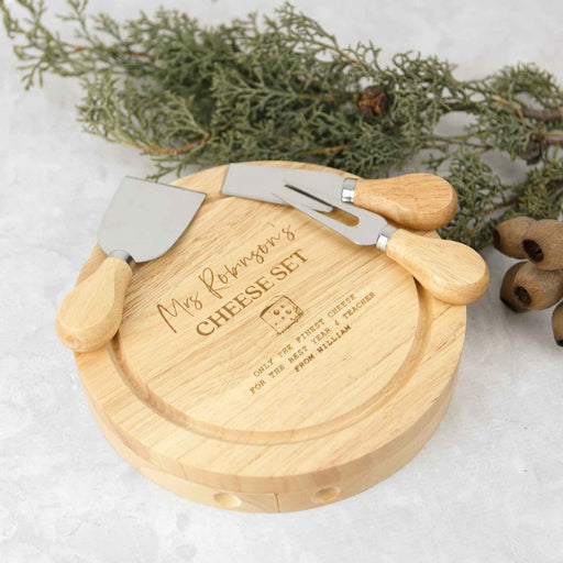 Personalised Engraved Round Wooden Cheese Knife Set Teacher's Gift