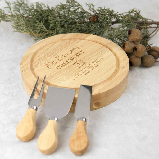 Customised Engraved Round Wooden Cheese Board Knife Set Teacher's Christmas Present
