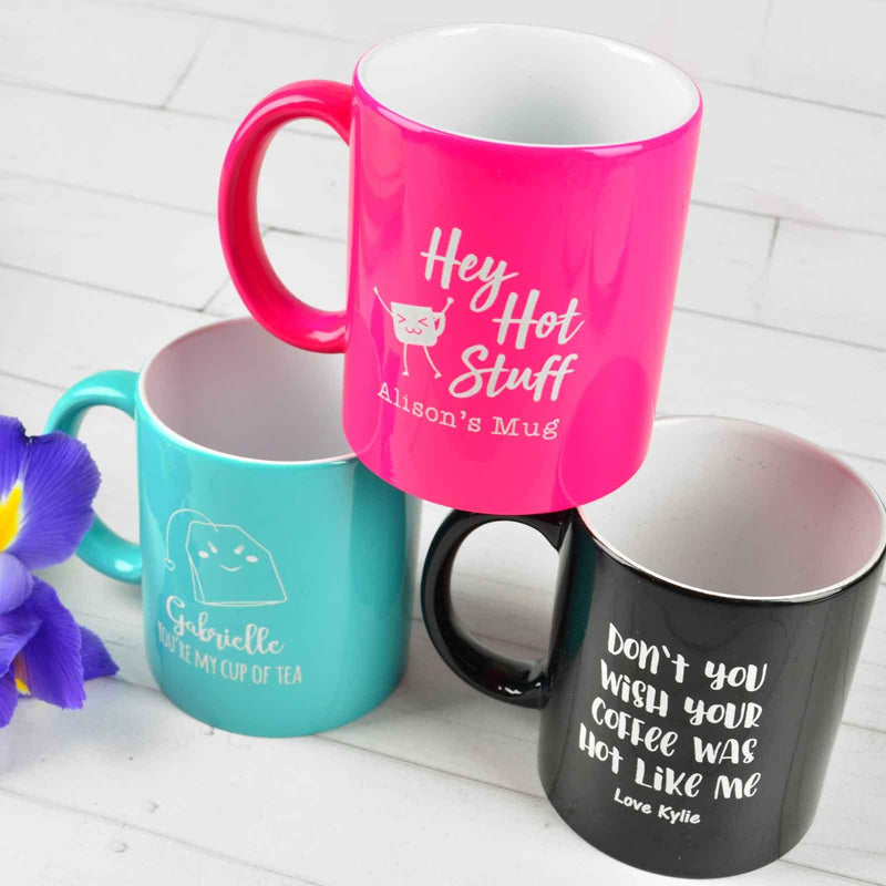 Custom Designed Engraved Aqua, Pink and Black Valentine's Day Coffee Mug Present