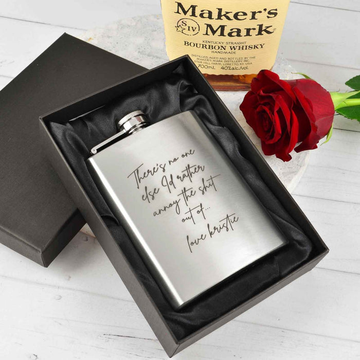 Custom Artwork Engraved Valentine's Day Silver Hip flask with black gift box