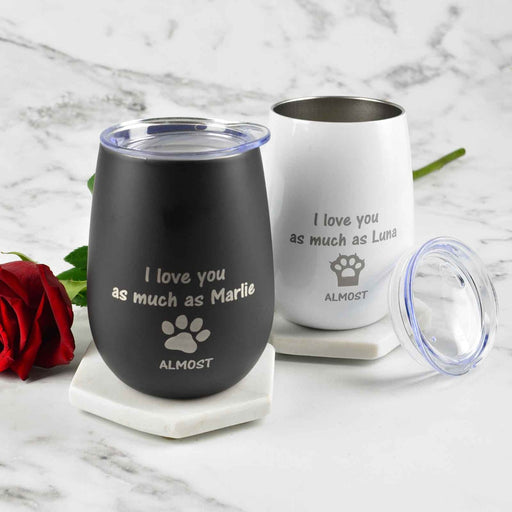 Personalised Engraved Black and White Stainless Steel Stemless Wine Sipper with Lid Valentine's Day Gift