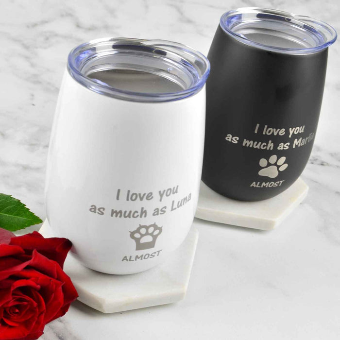 Custom Designed Engraved Black and White Stainless Steel Stemless Wine Sipper with Lid Valentine's Day Present