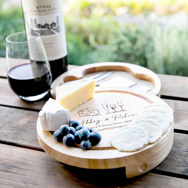 Custom Designed Engraved Valentine's Day Round Wooden Serving Board with Cheese Knife Set