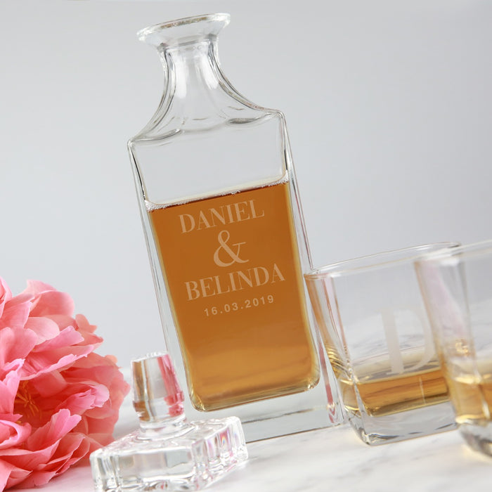 Customised Engraved Square Wedding decanter and Scotch glasses set for the Bride & Groom gift