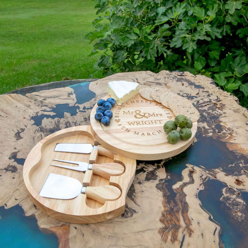 Custom designed  Engraved Bride & Groom Round Cheese board and knife set Present