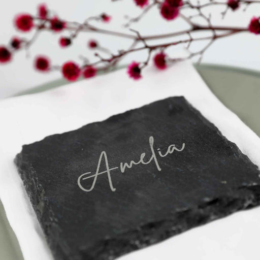 Engraved slate wedding favour coaster with individual guest name and custom design