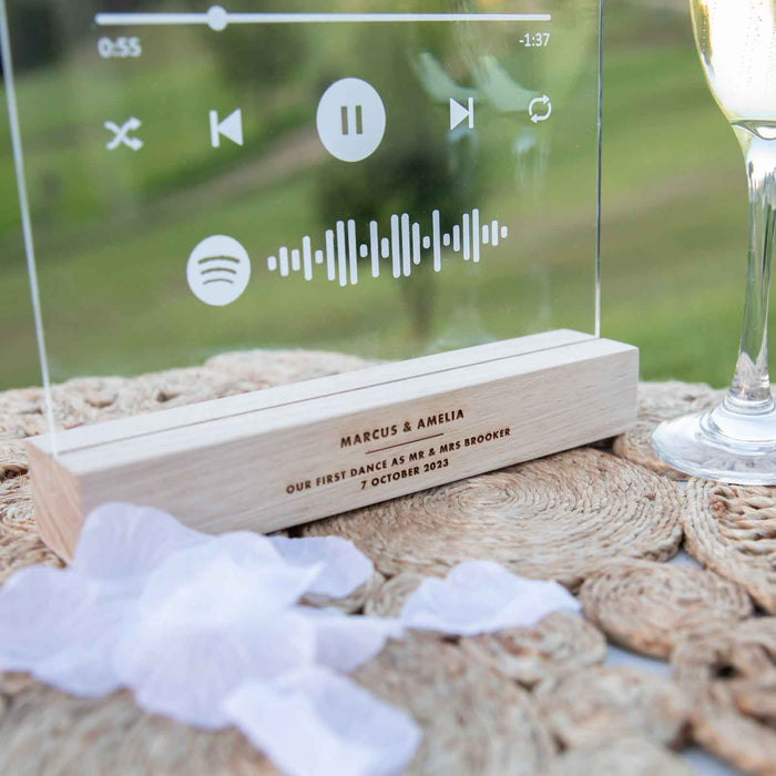 Printed A4 Acrylic Wedding Spotify Song Code Plaque with Engraved Wooden Base