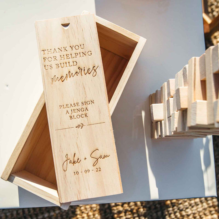 Custom Engraved "Thank you for helping us build memories please sign a jenga block" Wedding Guest Book