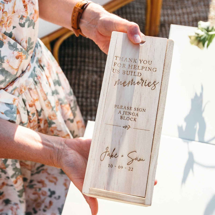 Engraved Bride and Groom's name and wedding date jenga tumbling tower Unique Wedding Guest Book