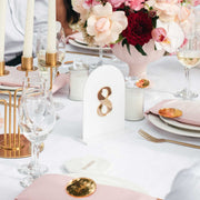 Laser Cut Mirror Gold and White Acrylic Arch Wedding Table Number on Stand
