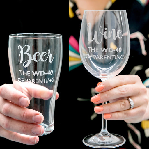 Personalised Engraved Matching Beer and Wine Glasses Parenting survival glasses Present