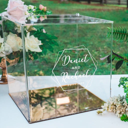 Custom designed engraved clear acrylic wedding wishing well and card box