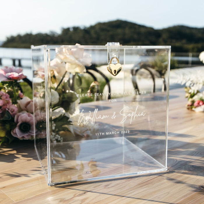Customised Engraved Clear Base Clear Acrylic Wedding Wishing Welling With Heart Shaped Lock