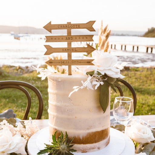 Custom Designed Engraved Wooden Love Arrow Wedding Cake Topper