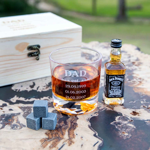 Customized Engraved Father's Day Wooden Gift Boxed Scotch Glass, Whiskey Stone and 50ml Spirit Bottle Set Present