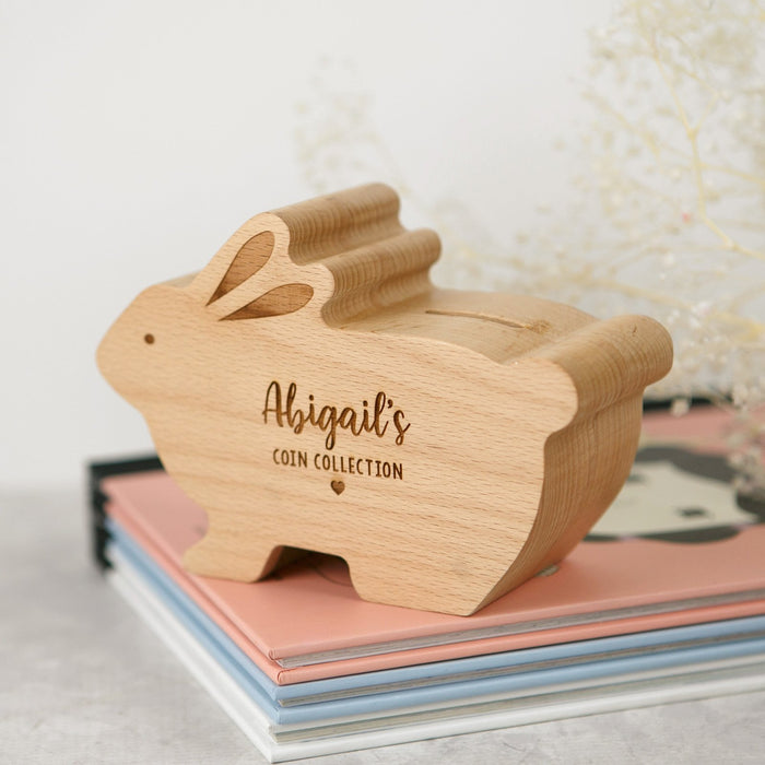 Personalised Engraved Wooden Rabbit Money Box Easter Present