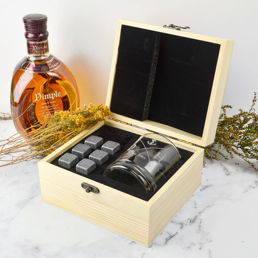 Personalised Wooden Gift Boxed Scotch Glass and Whiskey Stone Set Birthday Present