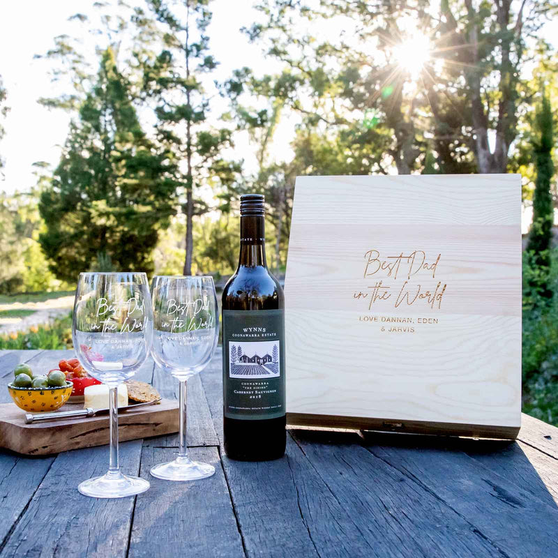 Personalised Engraved Father's Day Wooden Gift Boxed 360ml Wine Glass Set Present