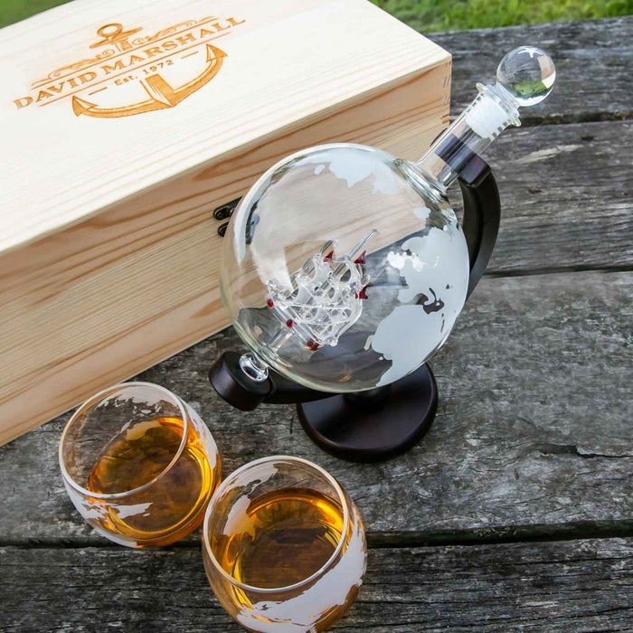 Customised Engraved Wooden Gift Boxed Etched Globe Decanter & Whiskey Glasses