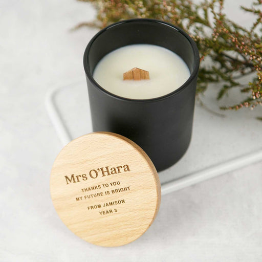 Personalised Engraved Black Wood Wick Soy Candle with Wooden Lid Teacher's Gift