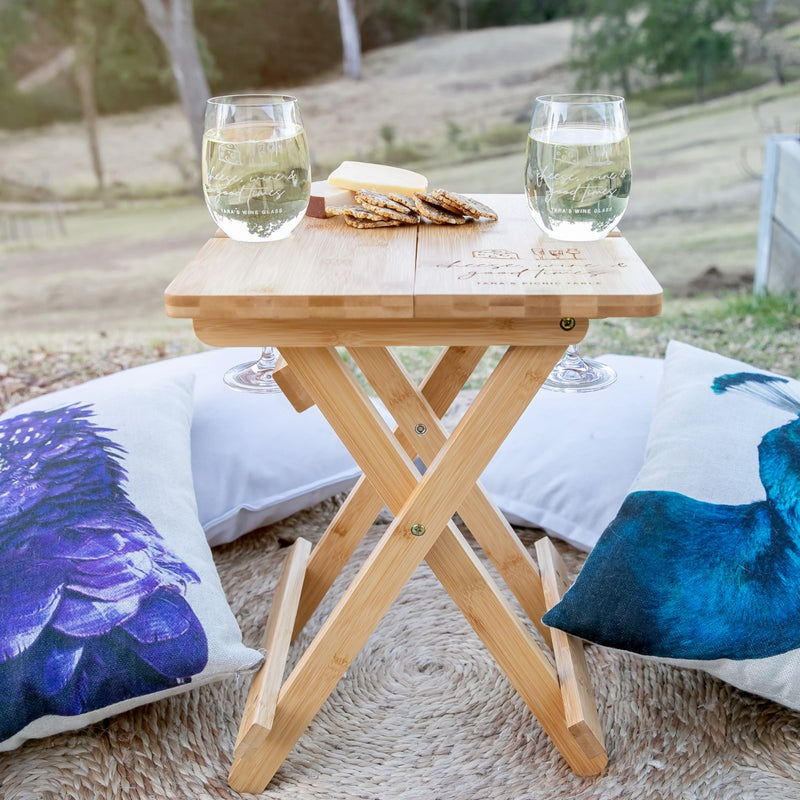 Personalised Engraved Wooden Collapsible Picnic Table and Matching Twin Wine Set Birthday Present