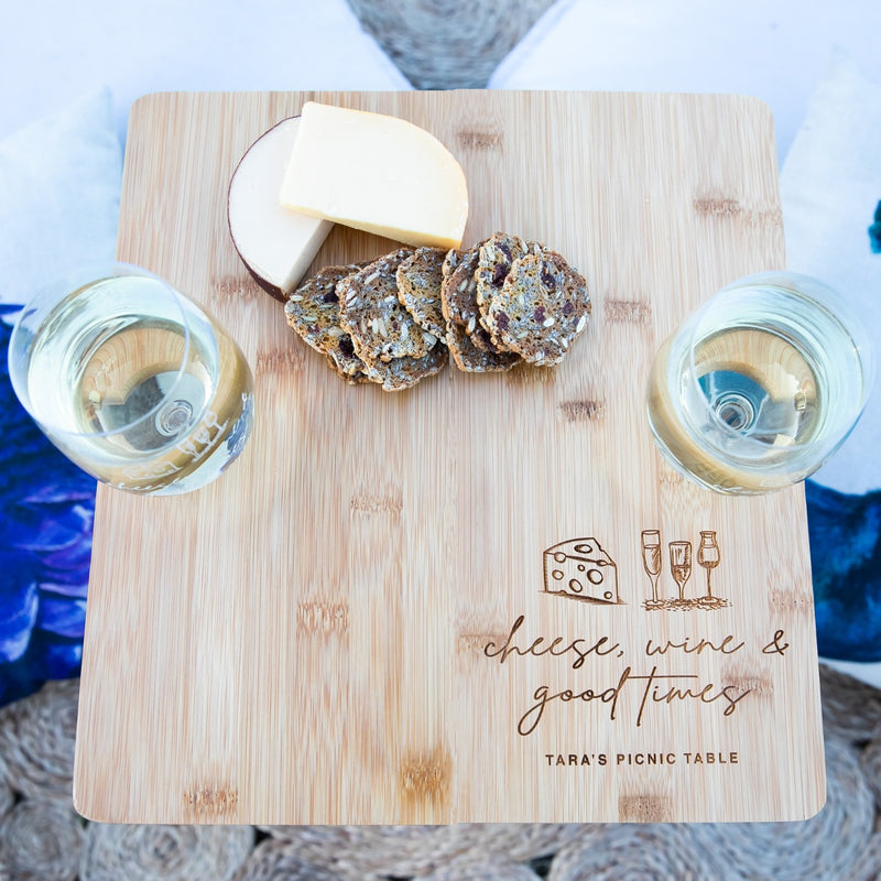 Custom Designed Engraved Bamboo foldable Picnic Table with Engraved Wine Glasses Birthday Gift