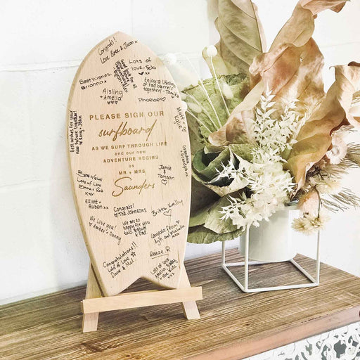 Personalised Engraved Wooden Surfboard Guest Book with Easel