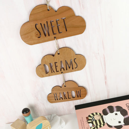 Custom Laser Cut Wooden Sweet, Dreams, Name Cloud Room Sign Hanging Decoration Birthday Gift