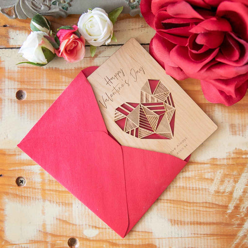 Custom Designed Laser Engraved C6 Wood Valentine's Day Card and Red Envelope