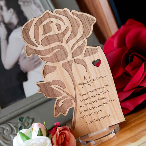 Engraved Wooden Valentine's Day Rose with Clear Acrylic Stand