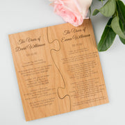 Customised Laser cut and engraved bride and groom wedding vows on wooden puzzle pieces.